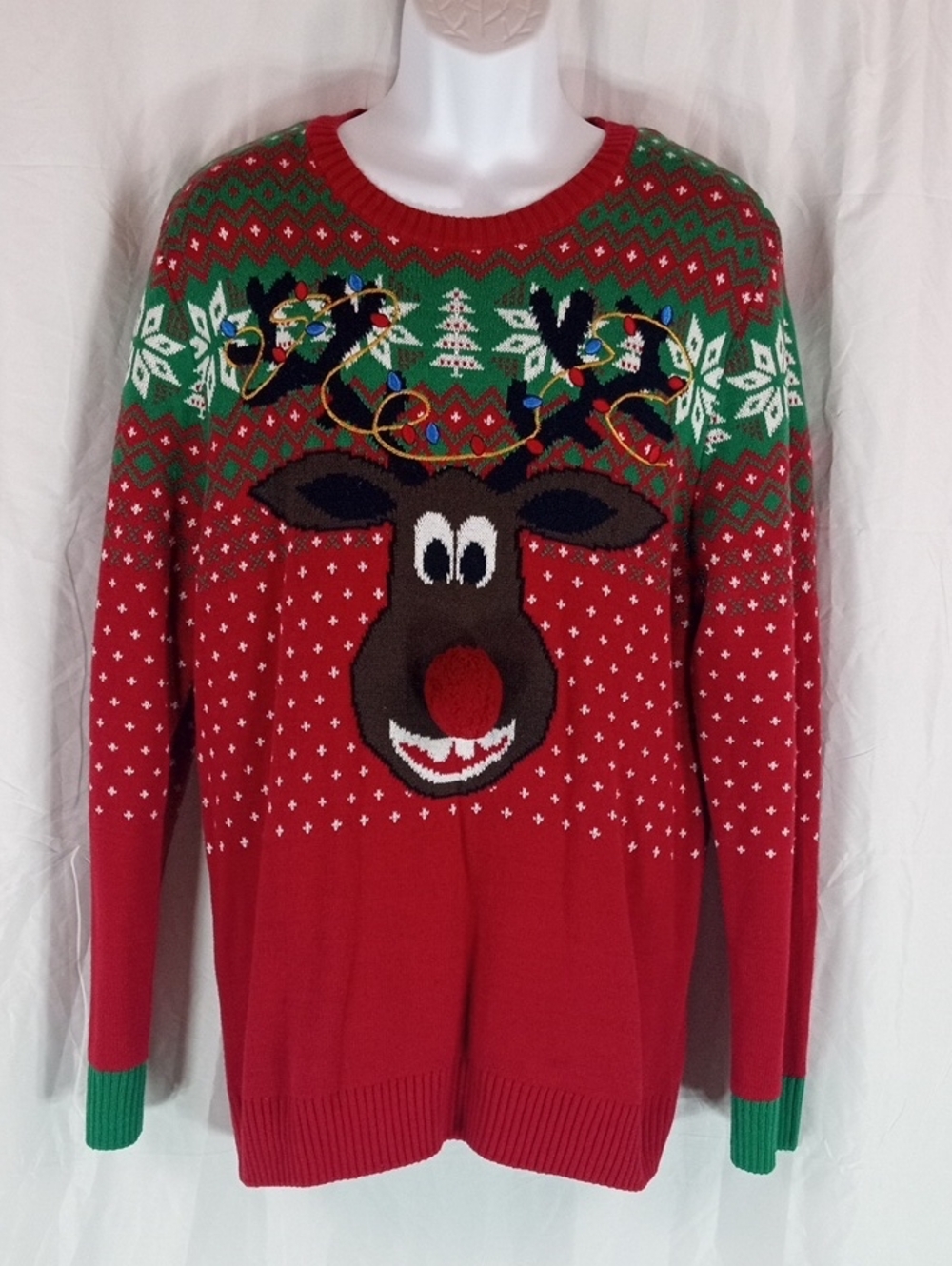 Ugly Christmas Sweater Red and Green Reindeer Crewneck SizeXL